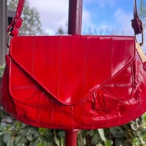 Vintage Red Eeel Skin Shoulder Bag Gold Hardware made in Korea 1980s